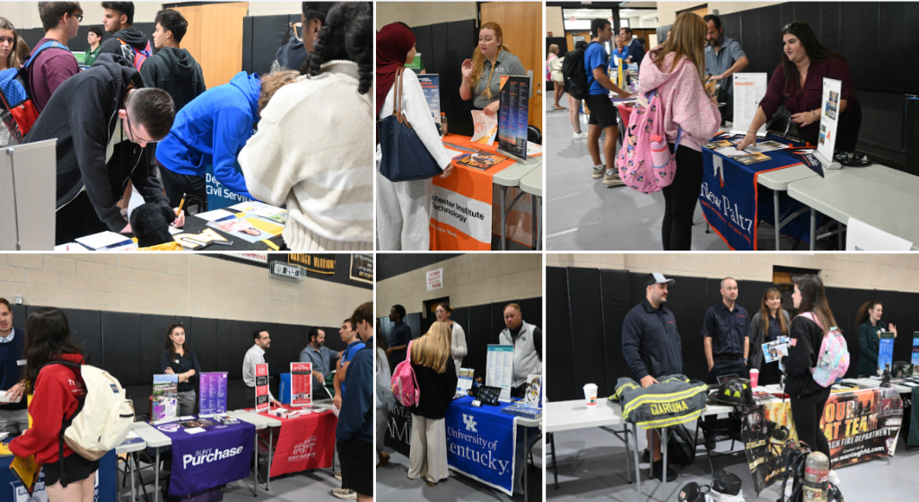 A collage of six photos showing people interacting at various information booths inside a crowded hall.
